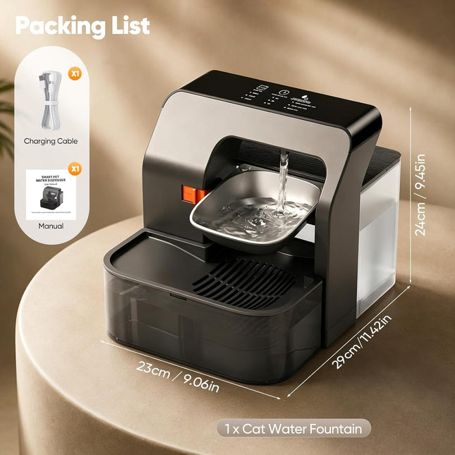 Cordless 3.2L Automatic Cat Water Dispenser with 180-Day Battery Life & Stainless Steel Bowl