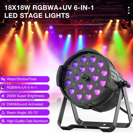 High Power 200W LED Zoom Par Light 6-in-1 RGBWA+UV DMX Sound Activated Stage Lighting
