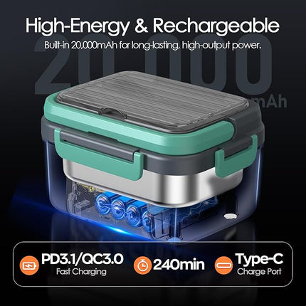 Portable Rechargeable Electric Lunch Box – 1200ml Stainless Steel Container, 100W Fast Warming, Cordless & Travel-Friendly