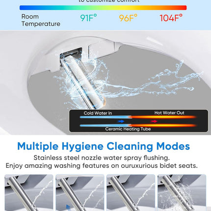 Electric Bidet Toilet Seat with Remote Control, Adjustable Wash Modes & Night Light