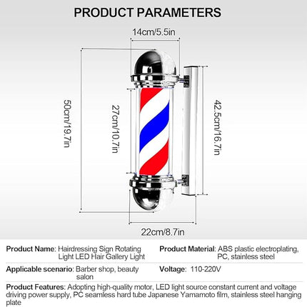 Rotating LED Barber Pole Light Wall Mount Salon Open Sign Waterproof Outdoor Display Lamp