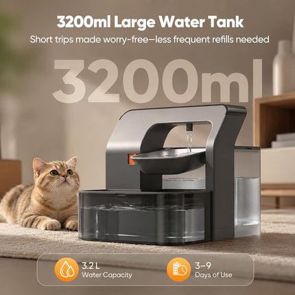 Cordless 3.2L Automatic Cat Water Dispenser with 180-Day Battery Life & Stainless Steel Bowl