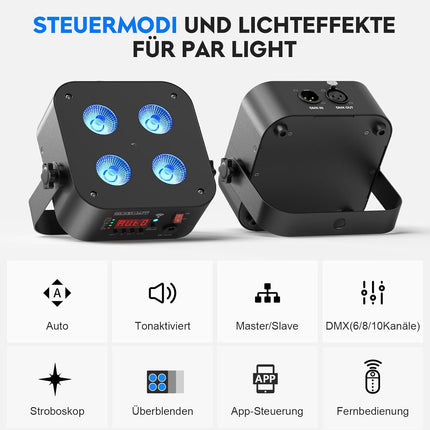 Portable LED Par Light 4x18W RGBWA+UV Battery Powered DMX App Remote Control