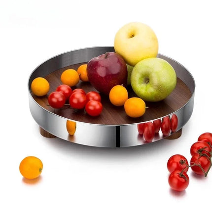 Nordic Walnut and Stainless Steel Serving Tray with Raised Base Design for Fruit Storage and Home Organisation