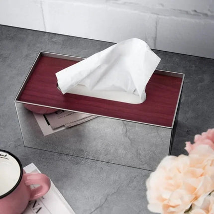 Rectangular Stainless Steel Tissue Box with Wooden Lid and Anti-Slip Base for Home and Kitchen