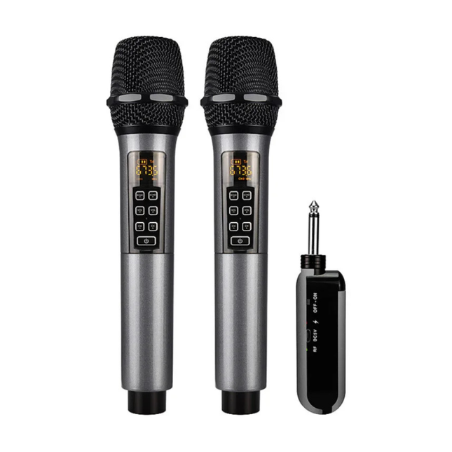 Portable Dual Wireless Microphones with Receiver, Charging Cable & Audio Adapter