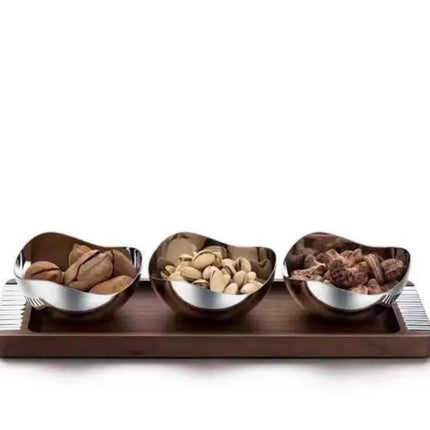 Luxury 304 Stainless Steel Fruit and Snack Bowl Set with Walnut Wood Tray – 3-Piece Tabletop Serving Set