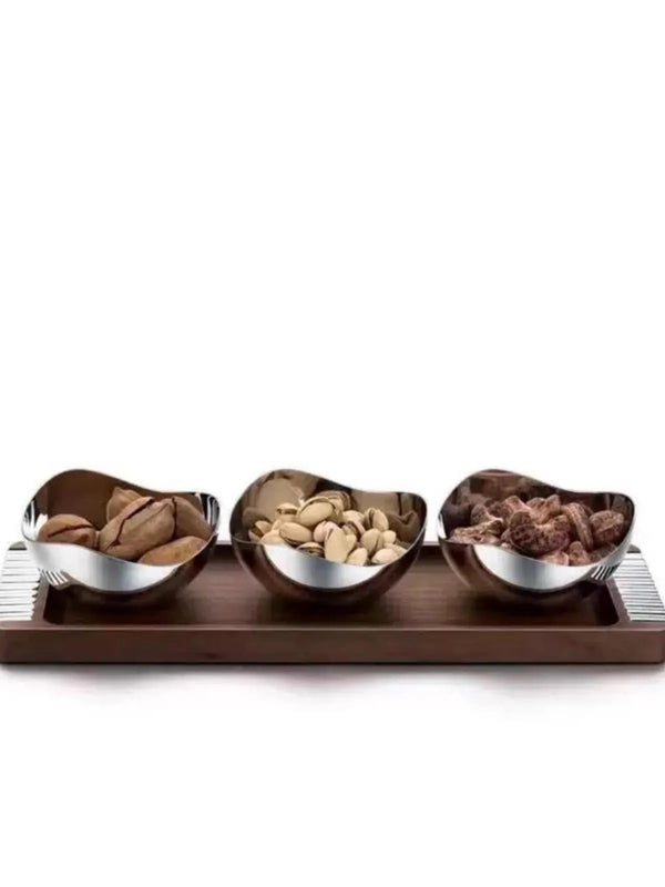 Luxury 304 Stainless Steel Fruit and Snack Bowl Set with Walnut Wood Tray – 3-Piece Tabletop Serving Set