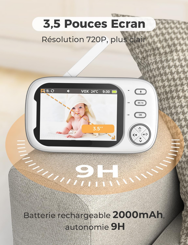 Portable 720P Baby Camera Monitor with Temperature Alert & Two-Way Audio