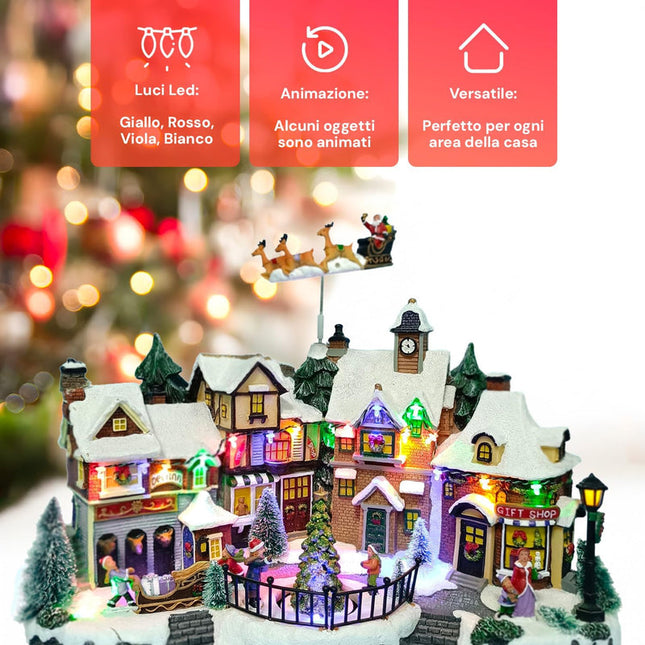 LED Christmas Village Decoration with Spinning Tree, Moving Reindeer, Music & USB or Battery Power