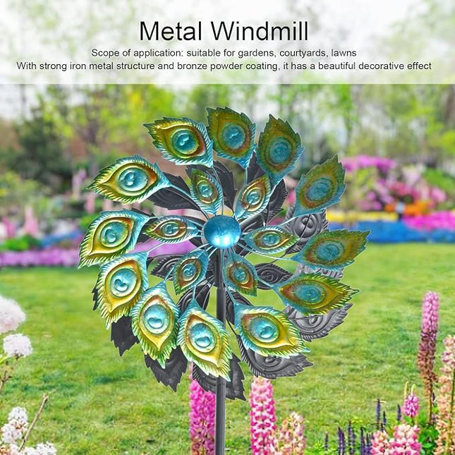 Metal Peacock Wind Spinner with Multi-Colour Rotating Blades and Solar Lights – 200cm Garden Decoration