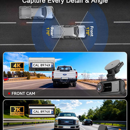 Dual Lens 4K Dash Camera with 2.5K Rear Camera, 3.59" Display, WiFi & Parking Monitor