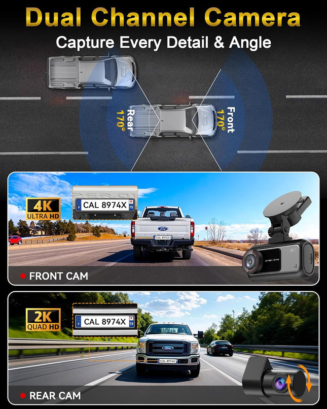 Dual Lens 4K Dash Camera with 2.5K Rear Camera, 3.59" Display, WiFi & Parking Monitor