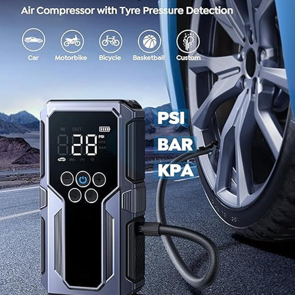 12V Portable Car Jump Starter with Digital Screen, Power Bank & Built-In Air Pump