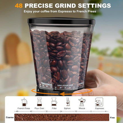 Electric Conical Burr Coffee Grinder with 48 Grind Settings and 35s Timer, Stainless Steel Black