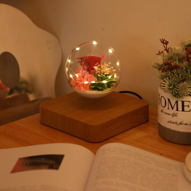 Floating LED Rose Light with Rotating Levitating Base – Decorative Eternal Flower Lamp for Home & Office