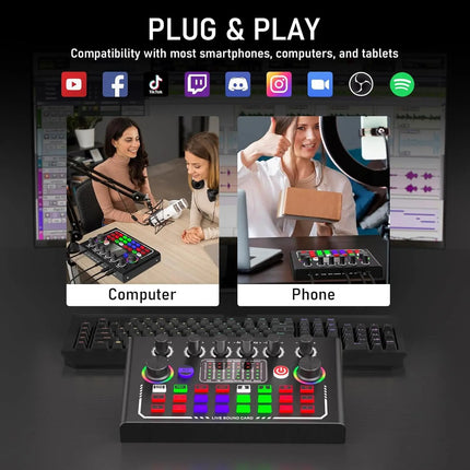 Wireless Bluetooth Sound Card Mixer with Microphone for PC and Mobile Recording Livestream