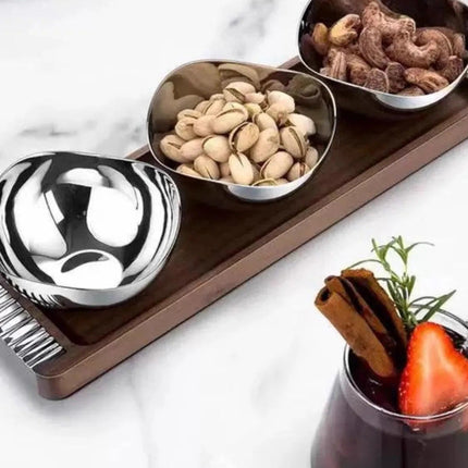 Luxury 304 Stainless Steel Fruit and Snack Bowl Set with Walnut Wood Tray – 3-Piece Tabletop Serving Set