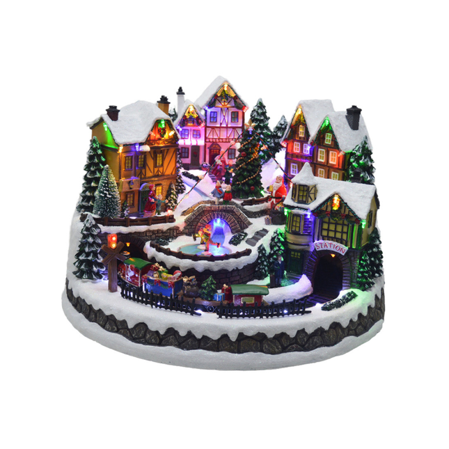 17" LED Musical Village Scene with Rotating Train, Tree Decoration, 8 Songs, Plug-In Adapter