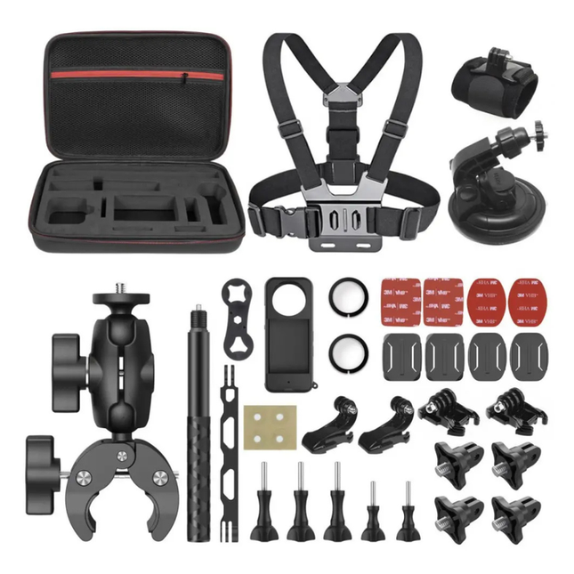Universal Action Camera Mount Set for Bikes & Motorcycles with Long Reach Selfie Pole