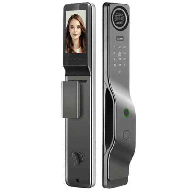 Matte Black Smart Electronic Door Lock for Wooden & Metal Doors – Facial Recognition, Password, Card, Dual Battery