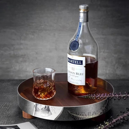 Nordic Walnut and Stainless Steel Serving Tray with Raised Base Design for Fruit Storage and Home Organisation