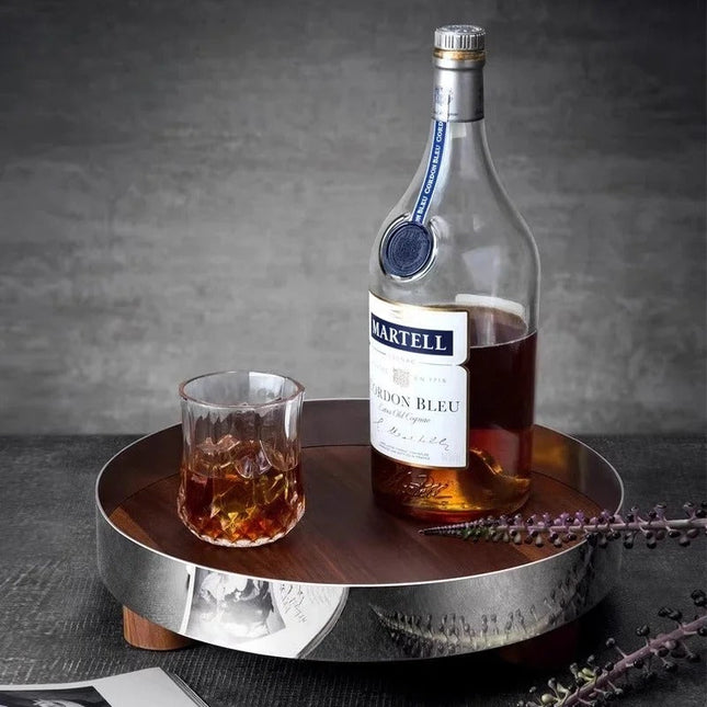 Nordic Walnut and Stainless Steel Serving Tray with Raised Base Design for Fruit Storage and Home Organisation