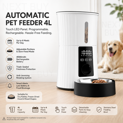 Automatic Pet Feeder 4L with Touch LED Panel, Programmable Portion Control, Rechargeable Battery Powered
