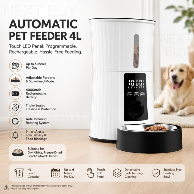 Automatic Pet Feeder 4L with Touch LED Panel, Programmable Portion Control, Rechargeable Battery Powered