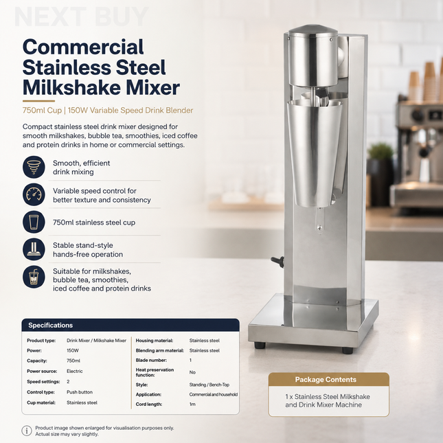 Commercial Stainless Steel Milkshake Mixer 750ml Cup, 150W Variable Speed Drink Blender