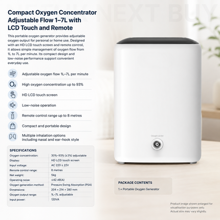 Compact Oxygen Concentrator Adjustable Flow 1–7L with LCD Touch and Remote