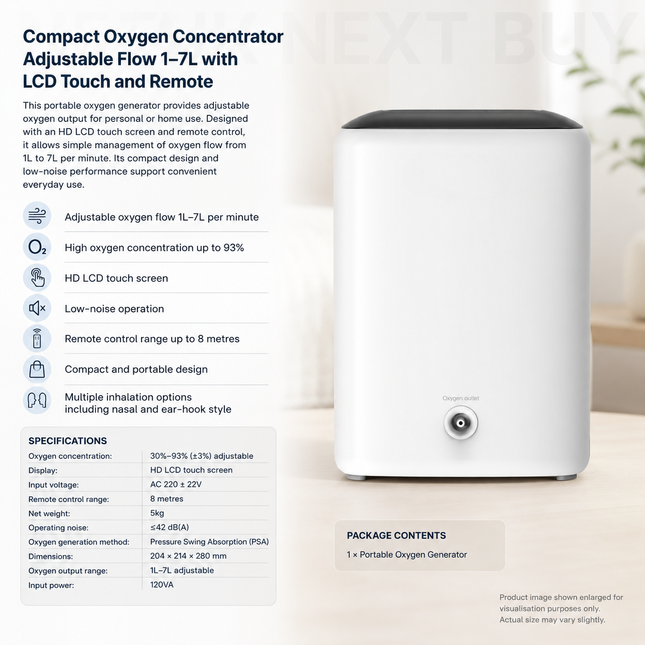 Compact Oxygen Concentrator Adjustable Flow 1–7L with LCD Touch and Remote