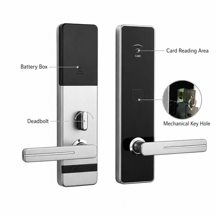 Electronic RFID Hotel Door Lock with LED Light, Card Reader, Brushed Silver Finish