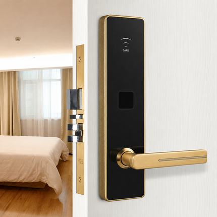 RFID Hotel Door Lock with LED Indicator, Brushed Gold, Card Access, Aluminium Alloy
