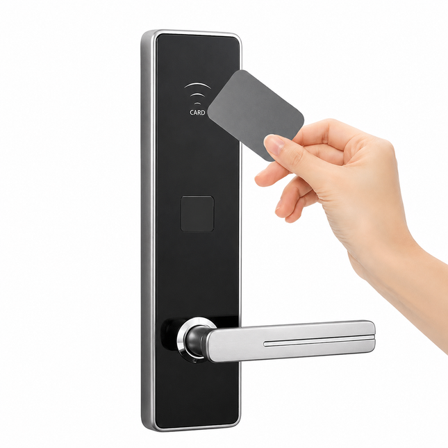 Electronic RFID Hotel Door Lock with LED Light, Card Reader, Brushed Silver Finish