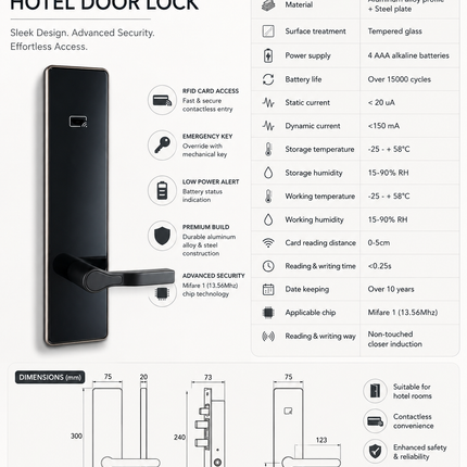 Smart RFID Hotel Door Lock with High Security Cylinder for Hotels, 34-100mm Door Thickness