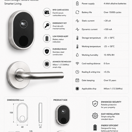 Stainless Steel RFID Smart Door Lock with Card Reader for Home, Office and Hotel Doors