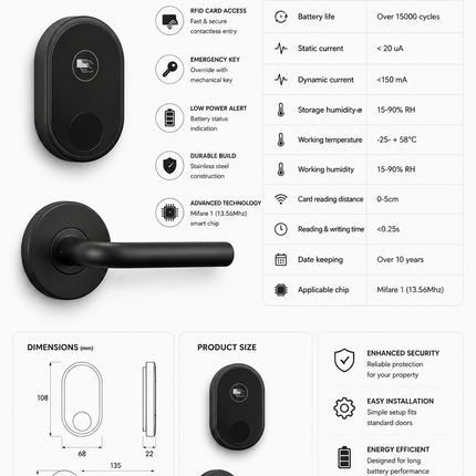 Stainless Steel RFID Smart Door Lock with Card Reader for Home, Office and Hotel Doors (Copy)