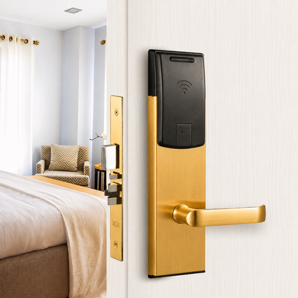 RFID Hotel Door Lock with Mechanical Key for 36-100mm Doors, Brushed Stainless Steel, Gold