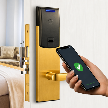 RFID Hotel Door Lock with Mechanical Key for 36-100mm Doors, Brushed Stainless Steel, Gold