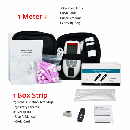 Handheld Renal Function Testing Kit with Digital Meter, 25 Test Strips, 25 Safety Lancets and Carrying Bag