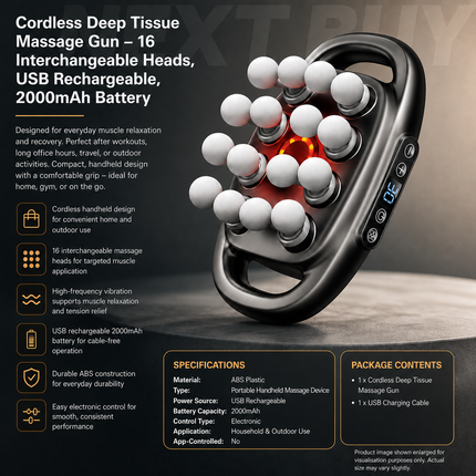 Cordless Deep Tissue Massage Gun – 16 Interchangeable Heads, USB Rechargeable, 2000mAh Battery