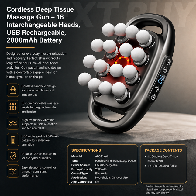 Cordless Deep Tissue Massage Gun – 16 Interchangeable Heads, USB Rechargeable, 2000mAh Battery
