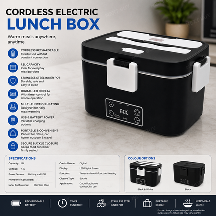 Cordless Electric Lunch Box 1.8L Rechargeable Portable Food Warmer with Timer LED Display Stainless Steel