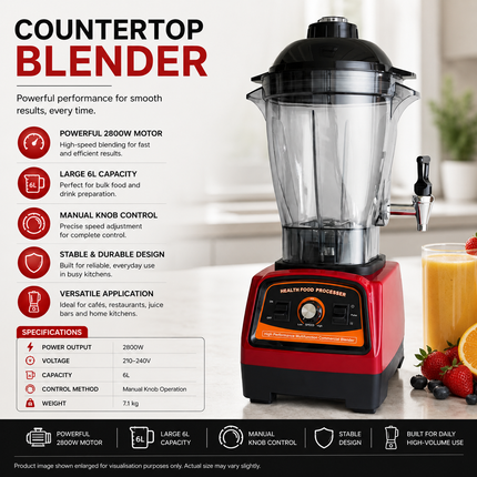 Countertop Blender with Large 6L Jug 2800W Manual Knob Control Red Black