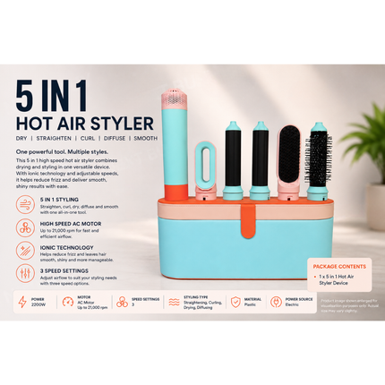 5 in 1 Hot Air Styler Brush High Speed Ionic Hair Dryer Straightener and Curler