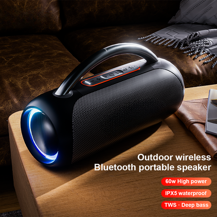 High-Power Portable Bluetooth Speaker with LED Lights, 60W Stereo Sound, Waterproof & Rechargeable