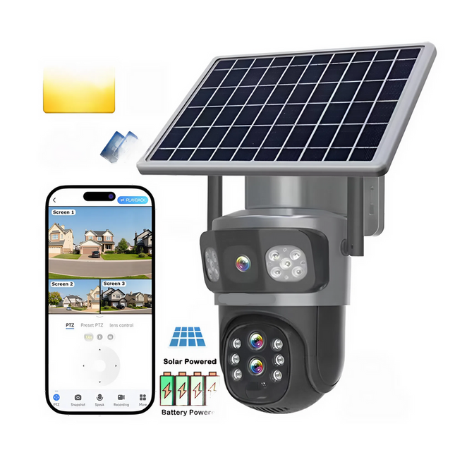 Wireless Solar 3K Outdoor PTZ Security Camera – Triple Lens, 4G LTE & WiFi, 10X Zoom with Color Night Vision