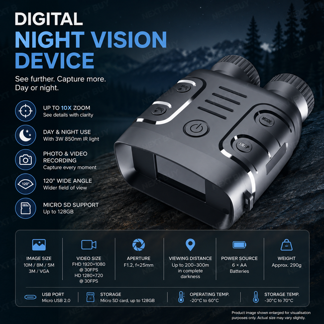 Digital Night Vision Binoculars with 10X Zoom, 120° Wide Viewing Angle, CMOS Sensor & 850nm Infrared Light