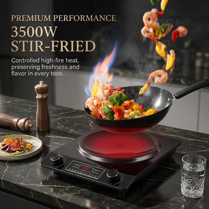 3500W Concave Induction Cooktop with Dual Control Knobs Black